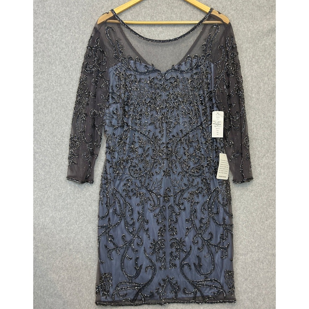 Pisarro Nights Beaded Sheath Dress Blue Grey Mesh Evening Formal Glam Size 16W
